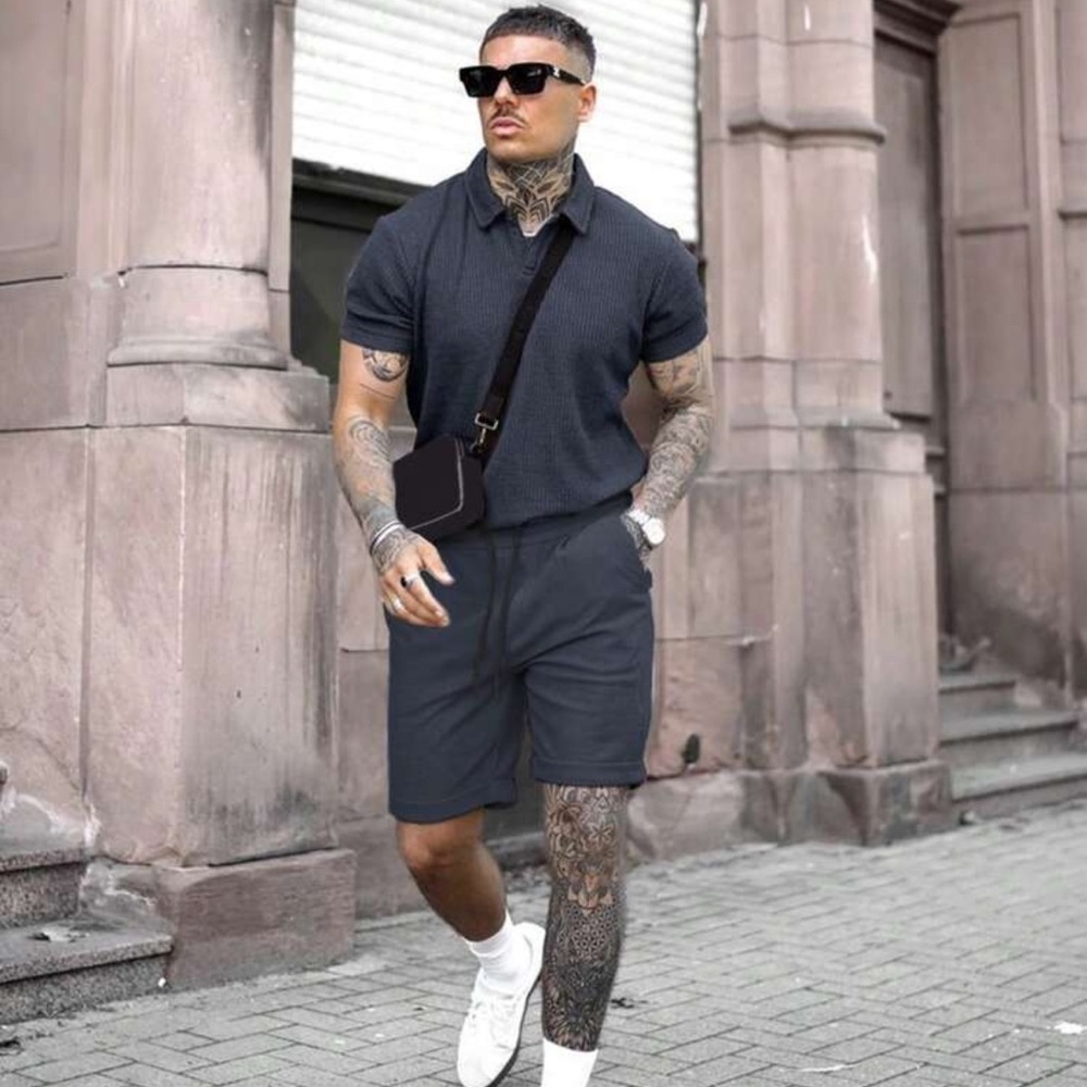 Men's 2025 Grid Fabric Casual Business Vacation Style Polo Shirt And Shorts Set